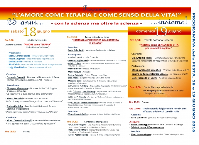 PROGRAMMA del 25° ANNIVERSARIO della COMUNITA' in DIALOGO - Comunità in Dialogo onlus